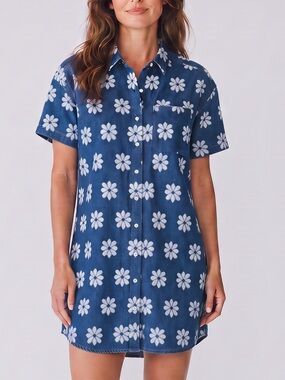 Entro Terry Cloth Floral Print Button Front Short Sleeve Mini Dress Blue Medium